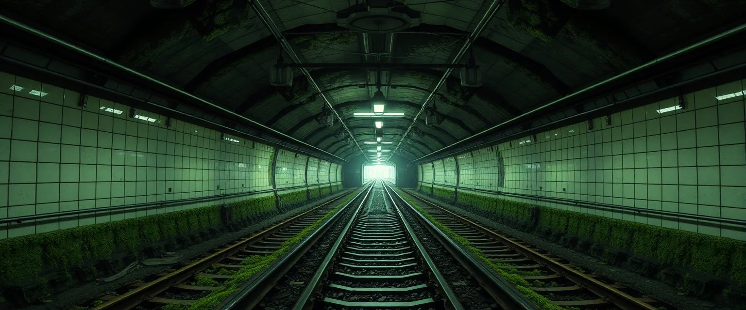 Inside the old subway tracks, . Low light and closed green moss walls. Like the original design of the game space ,digital art.landscape,far camera old painting,2 Chen and George Hopper, Rembrandt lighting, a dark green color scheme, ethereal light. --ar 13:16 --v 6. 0 metro game