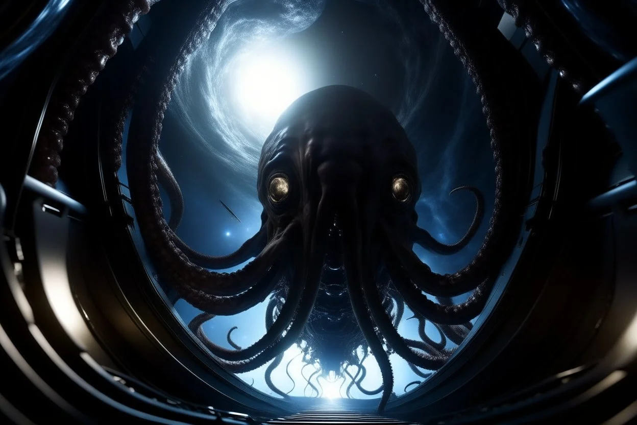 View from a spaceship into a natural event horizon in space with enormous strange tentacled creatures, with huge mouths, flying around in the black