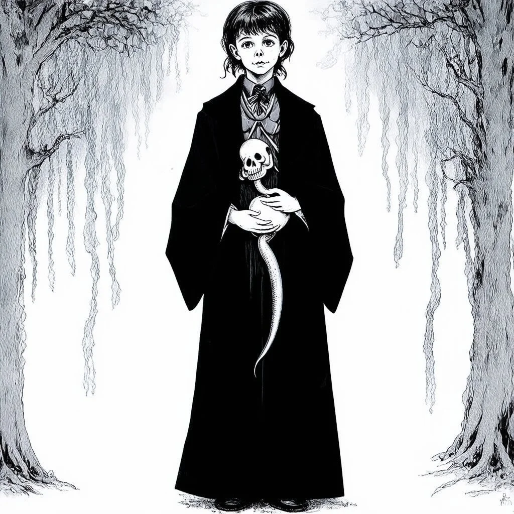 7 year old boy, necromancer, friendly, with a long lamprey emerging from his belly , wearing black robes, in the style of Harry Clarke