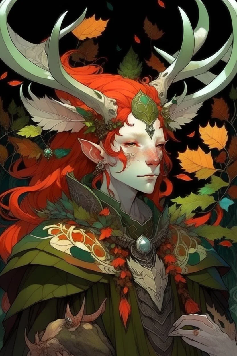 red hair autumn harvest Eladrin Male antlers leaf beard druid of the stars