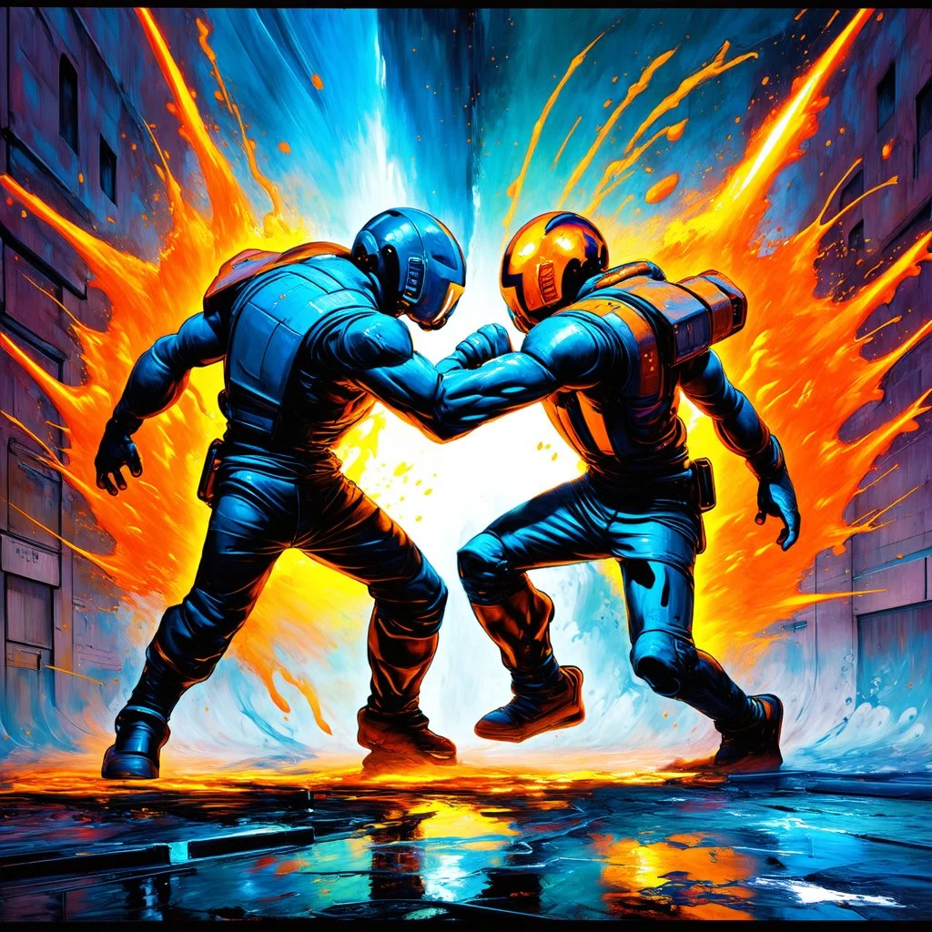 a dual fight, futuristic, sci fi fantasy art, graffiti art, splash art, street art, spray paint, oil gouache melting, acrylic, high contrast, colorful polychromatic, ultra detailed, ultra quality, CGSociety