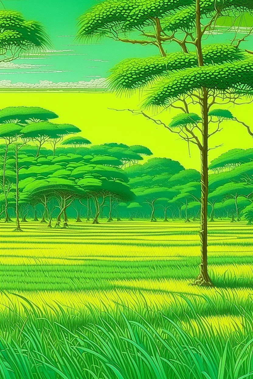 A lime green savanna with tall grass painted by Utagawa Hiroshige