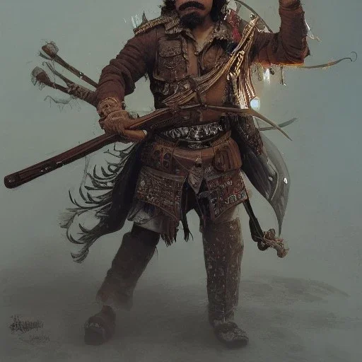 Insanely detailed photograph of an “ a mustachioed cowboy warrior "with sequenceed Sombrero, handsome charo,cigar,crossbow in hand, hyperdetailed painting by Ismail Inceoglu Huang Guangjian and Dan Witz CGSociety ZBrush Central fantasy art album cover art,8K, hdr, mysterious, flickeringlights ,Stoic