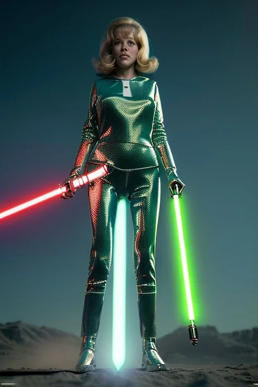 Ultra Realistic retro sci-fi portrait image from 1960, spaceship, sweet young Jane Fonda, tight latex suit, lightsaber fighting stance, soft color, highly detailed, unreal engine 5, ray tracing, RTX, lumen lighting, ultra detail, volumetric lighting, 3d, finely drawn, high definition, high resolution.