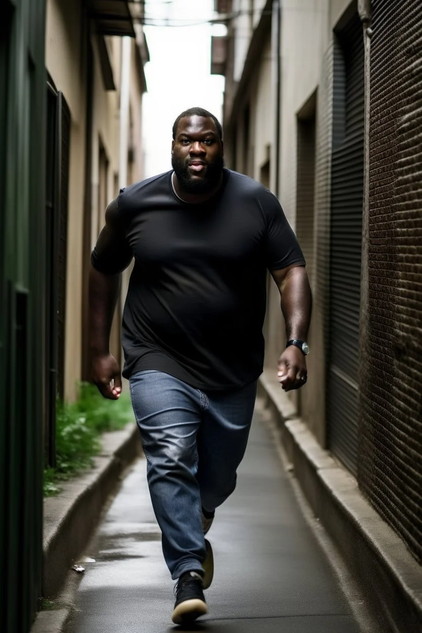 Tall big fat black man really away running down a alleyway