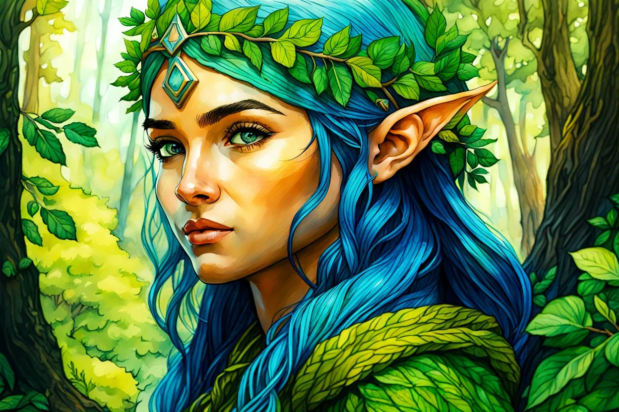 create oil and watercolor portrait of a young, nomadic forest elf female fantasy art character, with highly detailed, sharply lined facial features, in the deep forest of Brokilon , finely inked, 4k in the style of Maxfield Parrish