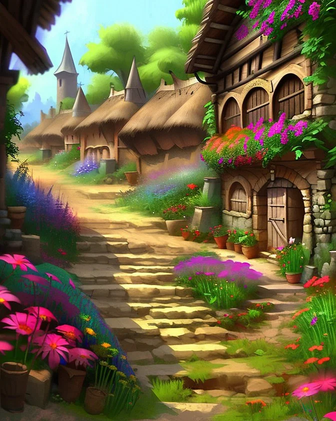 medieval fantasy village with flowers rpg art painterly