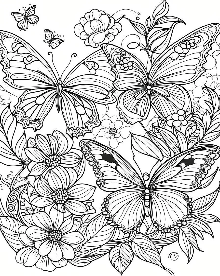 butterfly and flower coloring page for adult