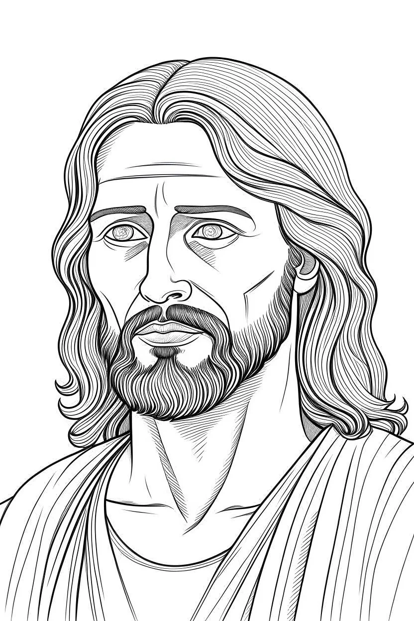 Jesus, realistic, each unique, full view, only draw lines, clean line art, –no sketch, white background, minimalistic black lines, minimal black color, coloring page, thin black line art, perfect shape, perfect clear lines,