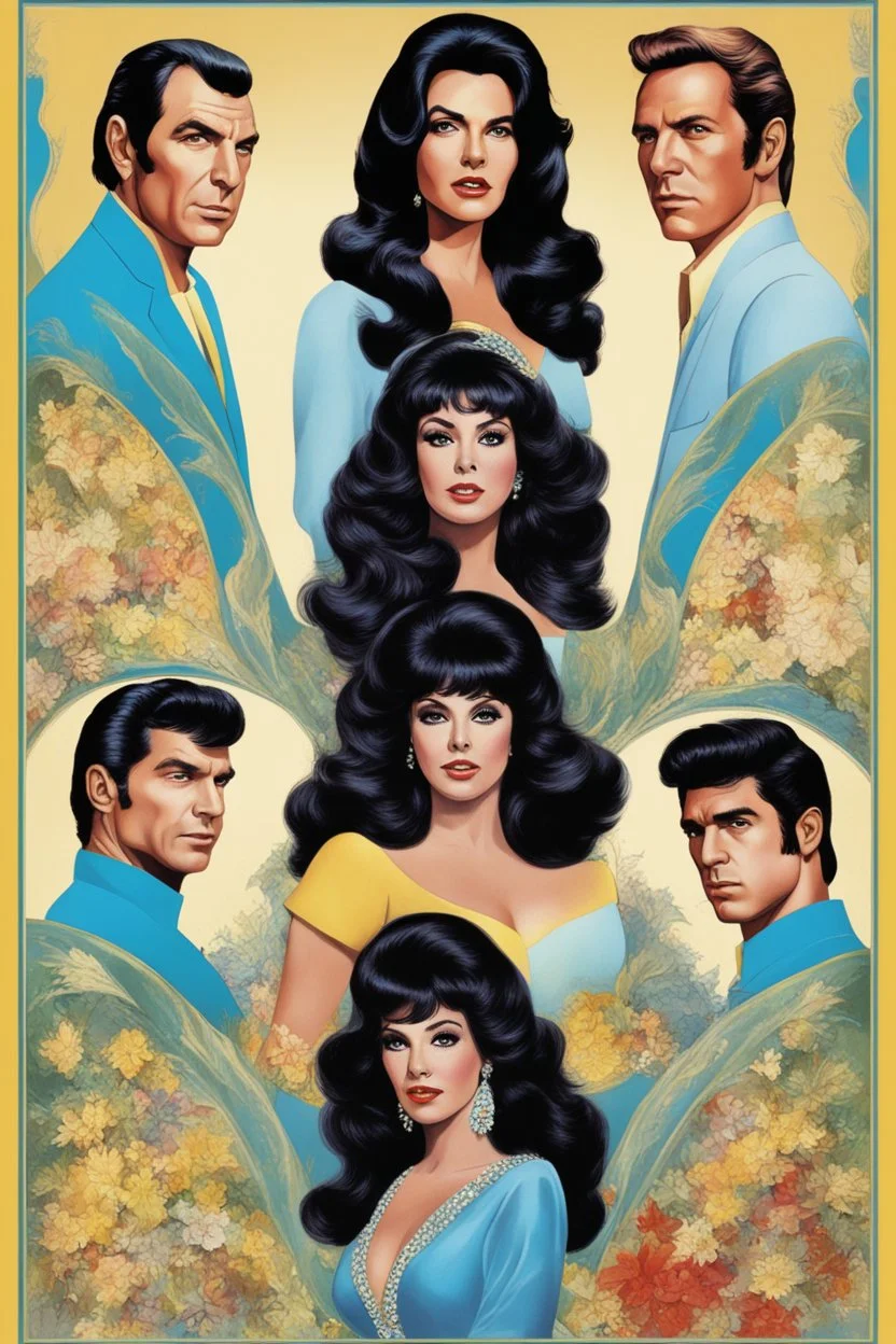 A woman with long, wavy curly black hair and a stacked body who resembles Leonard Nimoy/Sofia Vergara/Elizabeth Taylor/Elvis Presley/Paul - Full Color