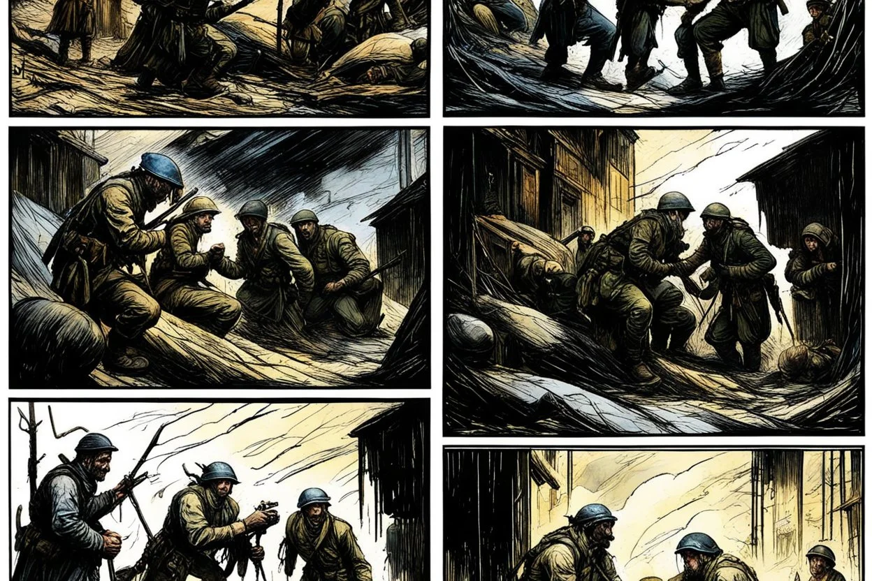 Masterpiece1:5)(Fineart), (award-winning:1.5), highest quality, war journalism, ink and colored pencil sketch of photocollage (by Gustave Doré, Jan Saudek:1.5),(Eastern Ukraine:(panel one:the moment after a battle ends, horrors of war, wounded men),(2nd panel, cinematic shot of men sitting in trench with 1000 yard stare (focus on their eyes:1.5)),(the third panel shows troops tired but hyper alert), (the fourth panel shows the sky is filled with incessant, fire and smoke everywhere,)