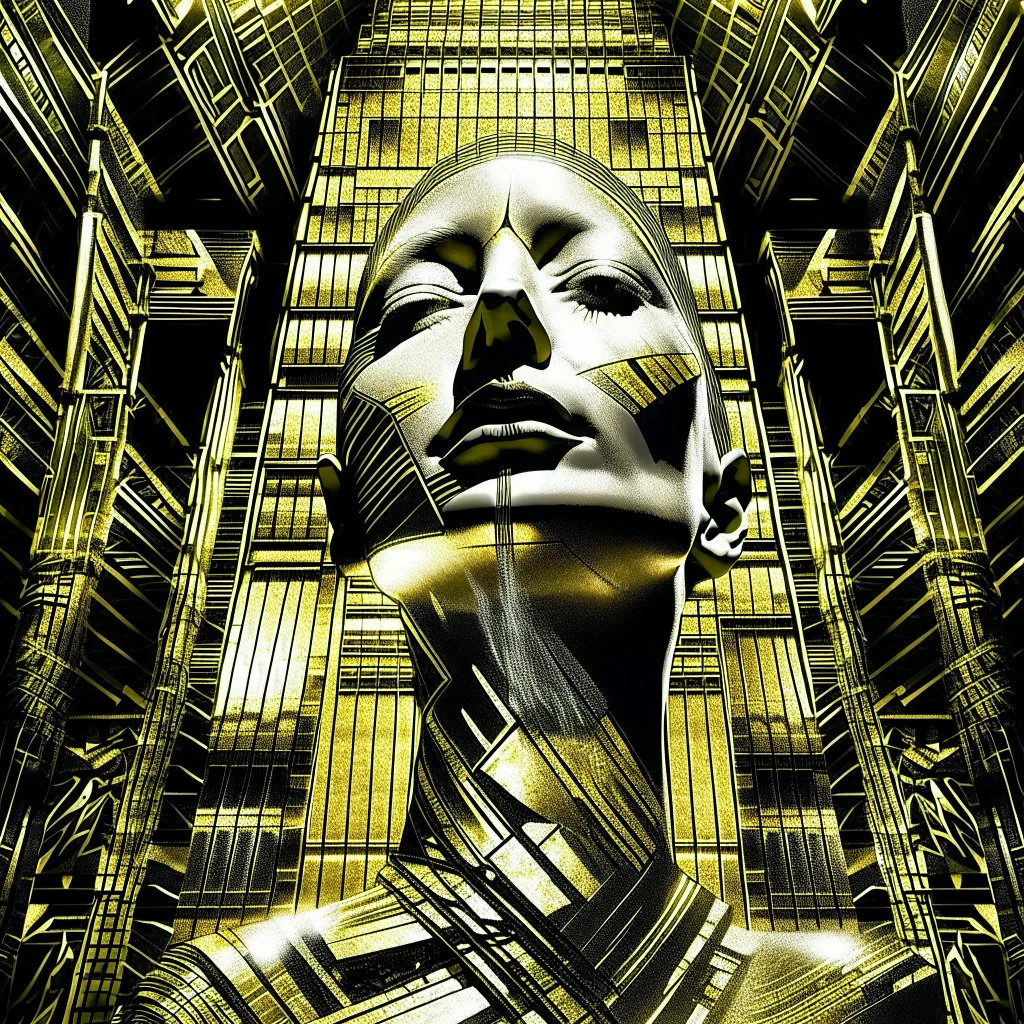 Double exposure of a golden and silver photo of the face of the pharaonic goddess Nefertiti and stairs inside a pyramid, black and yellow photo, a staircase, by John Alexander, stairs, a winding staircase inside a pyramid, inspired by Jerry Schatzberg, stairs to heaven, fine art photography, by Rodolfo Escalara, illustration, by Albert Cotin, beautiful, stairs, inspired by Rudolf Hausner, staircase 1