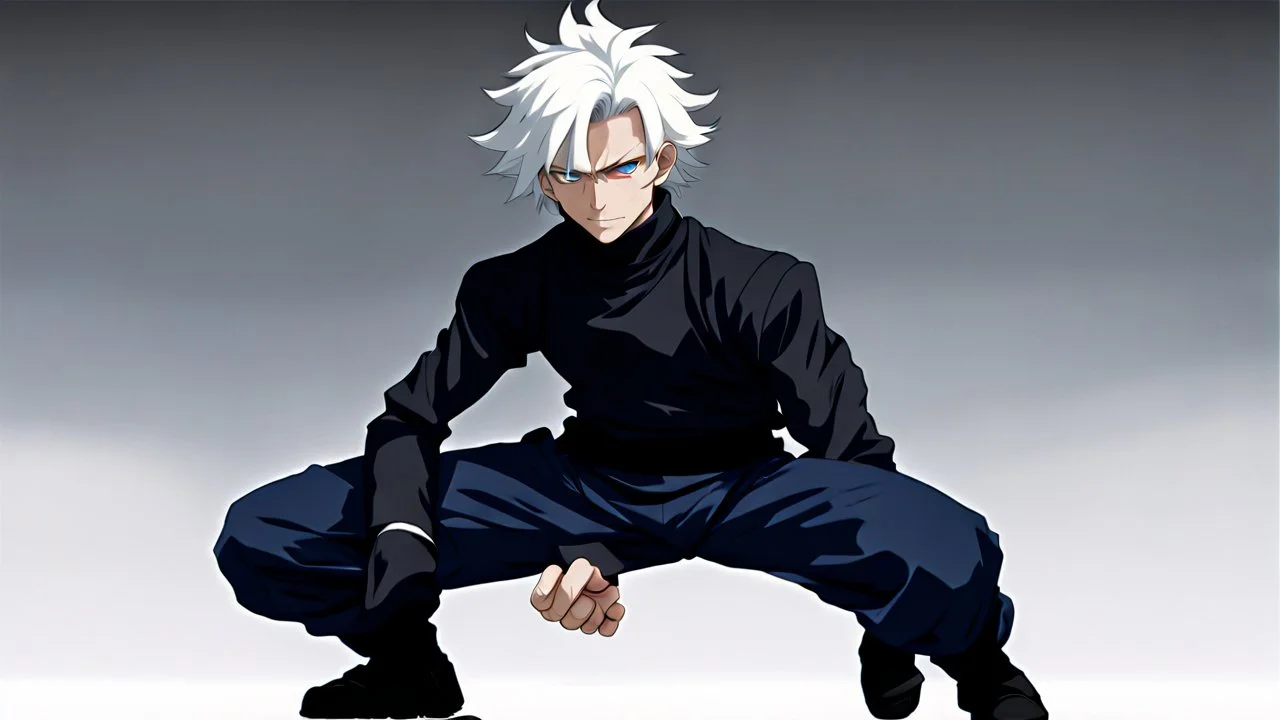 Satoru Gojo is a young guy white hair blue eyes black turtleneck without arms white loose pants in a defensive pose