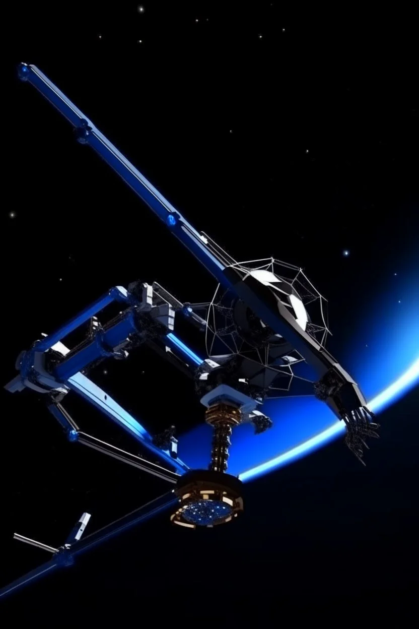 In a sci-fi starry sky background, a slender space flexible robotic arm is located on the satellite in the frame.