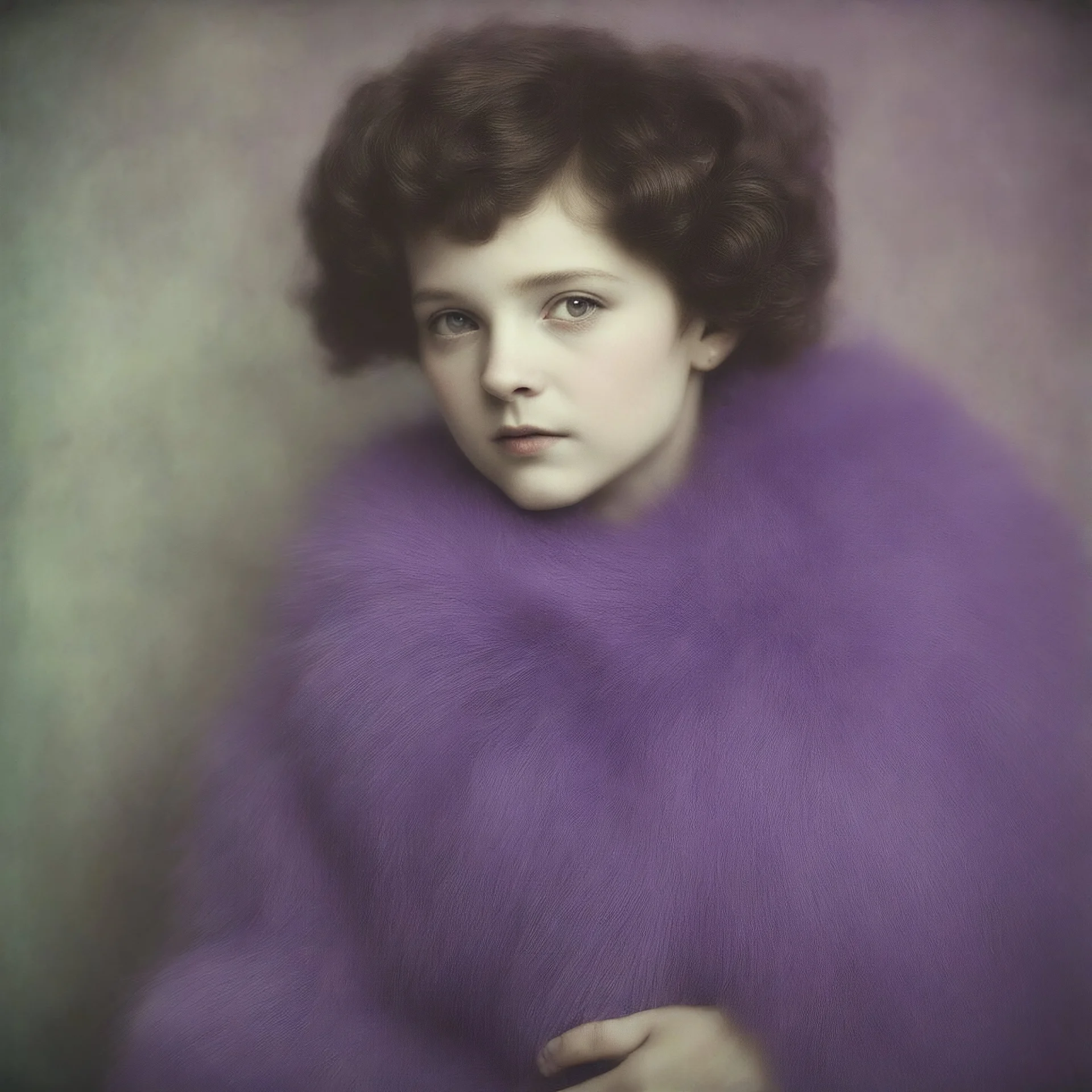 SidneySweeney, purple fur, flowered wallpaper background, old autochrome