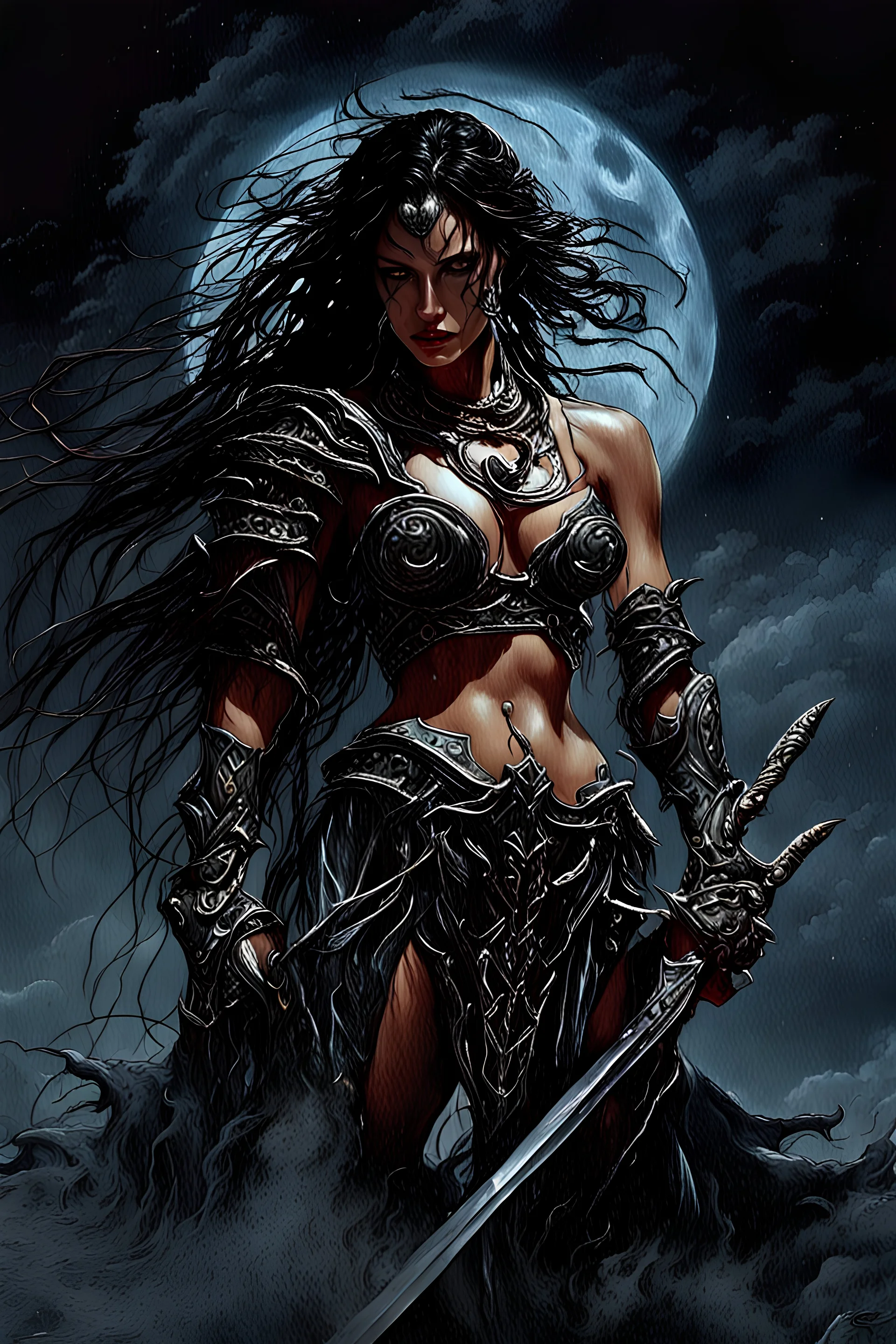 A dramatic digital painting portraying a warrior girl under the Moon, veins pulsing, claws of temptation visible, soul in turmoil. In the style of Luis Royo and Boris Vallejo and Giger, vivid colors, swirling brushstrokes, highly detailed, 8k resolution, surrealistic., juicy emotions, painting, gloomy fantasy, gloomy day, dark world, portrait, oil and graphite, wide strokes, a weaving frame around, by Ryohei Hase, Agnes Cecile, Raymond Swanland, Anne Bachelier