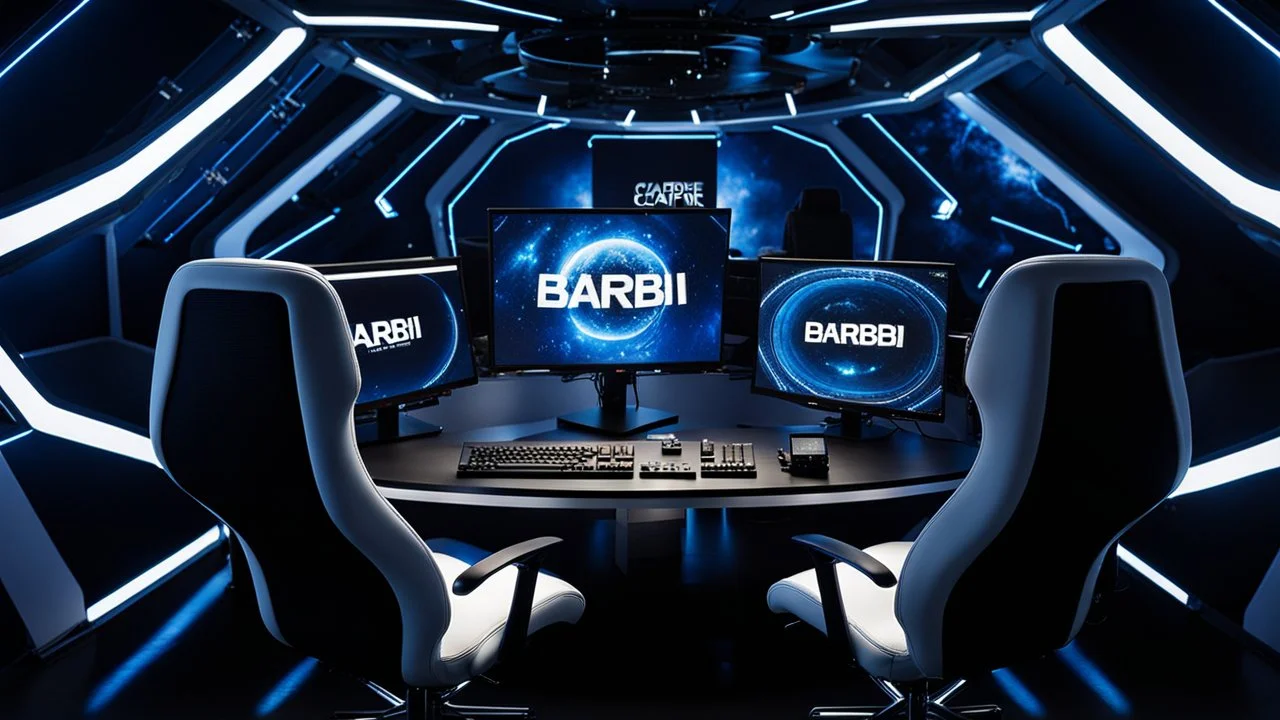 photo from a producer's chair in a futuristic studio with many monitors and one windows to the deep space,, the inscription capture word text on the back of the chair "Barbi", Professional photography, bokeh, natural lighting, canon lens, shot on dslr 64 megapixels sharp focus , blue-white lights