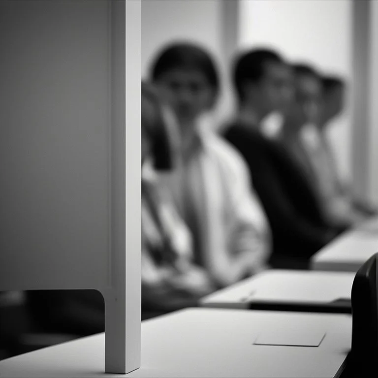 fila en una oficina de empleo; fotografía real, realizada con cámara Leica y objetivo de 50mm, personas caucásicas