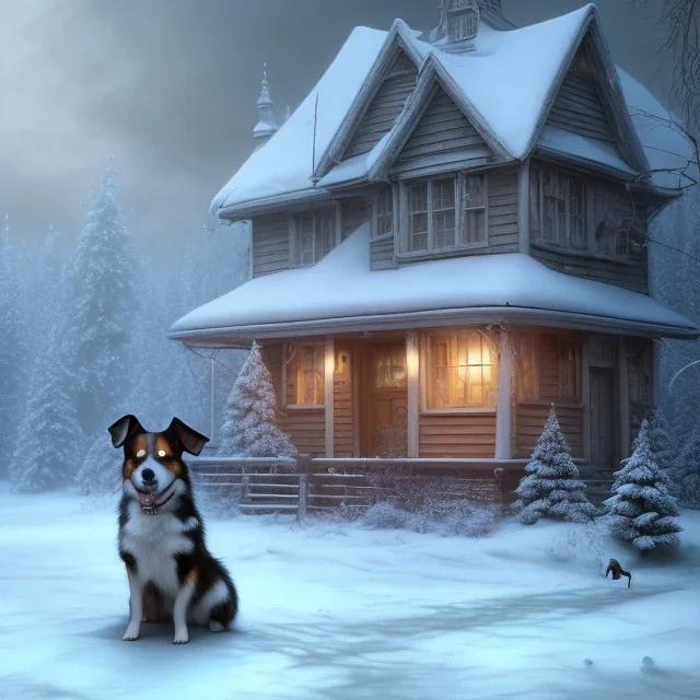 SAD, SCARED, LONELY DOG TIED on a leash OUTSIDE WITH A HOUSE IN BACKGROUND, WINTER, 8k resolution, high-quality, fine-detail, intricate, digital art, detailed matte, volumetric lighting, illustration, 3D octane render, brian froud, howard lyon, selina french, anna dittmann, annie stokes, lisa parker, greg rutowski