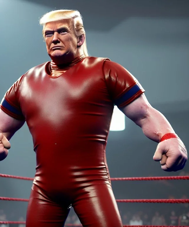 Wrestler Donald trump, wrestling, sweat, blood, red breeches, suspenders, retro style, 80s, hot ambient, photo studio, vibrant color, gradient, highly detailed, art stations, concept art, smooth, unreal engine 5, god rays, ray tracing, RTX, lumen lighting, ultra detail, volumetric lighting, 3d, finely drawn, high definition, high resolution.