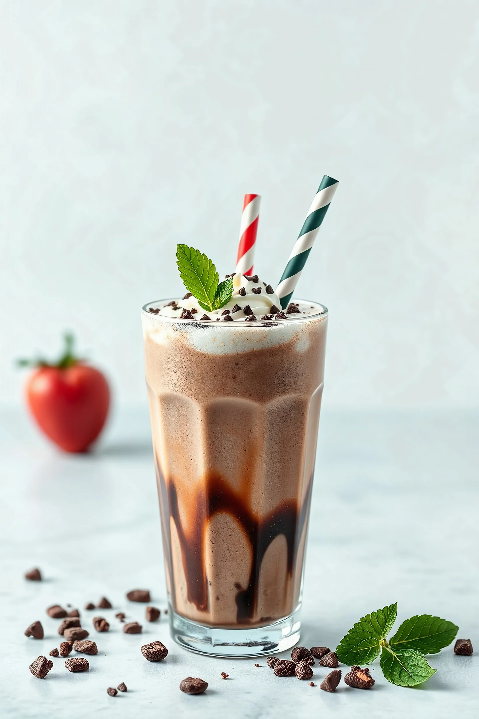 Photorealistic food photography of a delicious Vegan Chocolate Milkshakeon a clean background. The dish should look fresh, styled like a professional fast food advertisement. Bright, appetizing lighting, Pinterest-style composition, high resolution, no text in the image. I want the top 3rd of the image to be black background so I can add an image text overlay to it afterwards