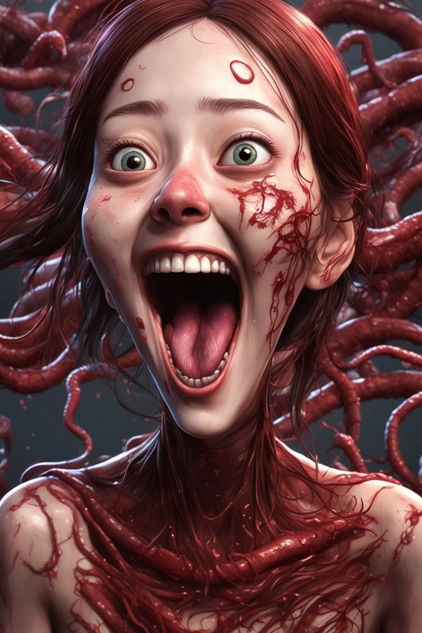 Woman with rare eyes,smiling meanwhile many worms streaming from his mouth, face distorted with pain, screaming, tears streaming, siting pose, fullbody, Junji Ito style, darkred tones,high detailed, 4k resolution, digital paiting, cute, art, no background 3d pixar disney the cinematic FKAA, TXAA, and RTX graphics technology employed for stunning detail.