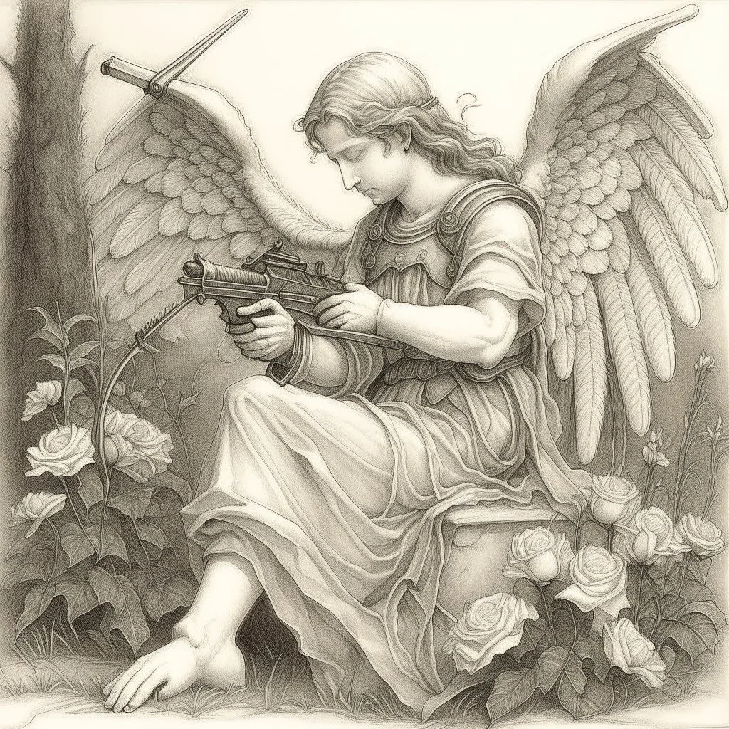 renaissance style angel, sitting in a garden, inspecting an ak 47 gun, pencil sketch, beautiful