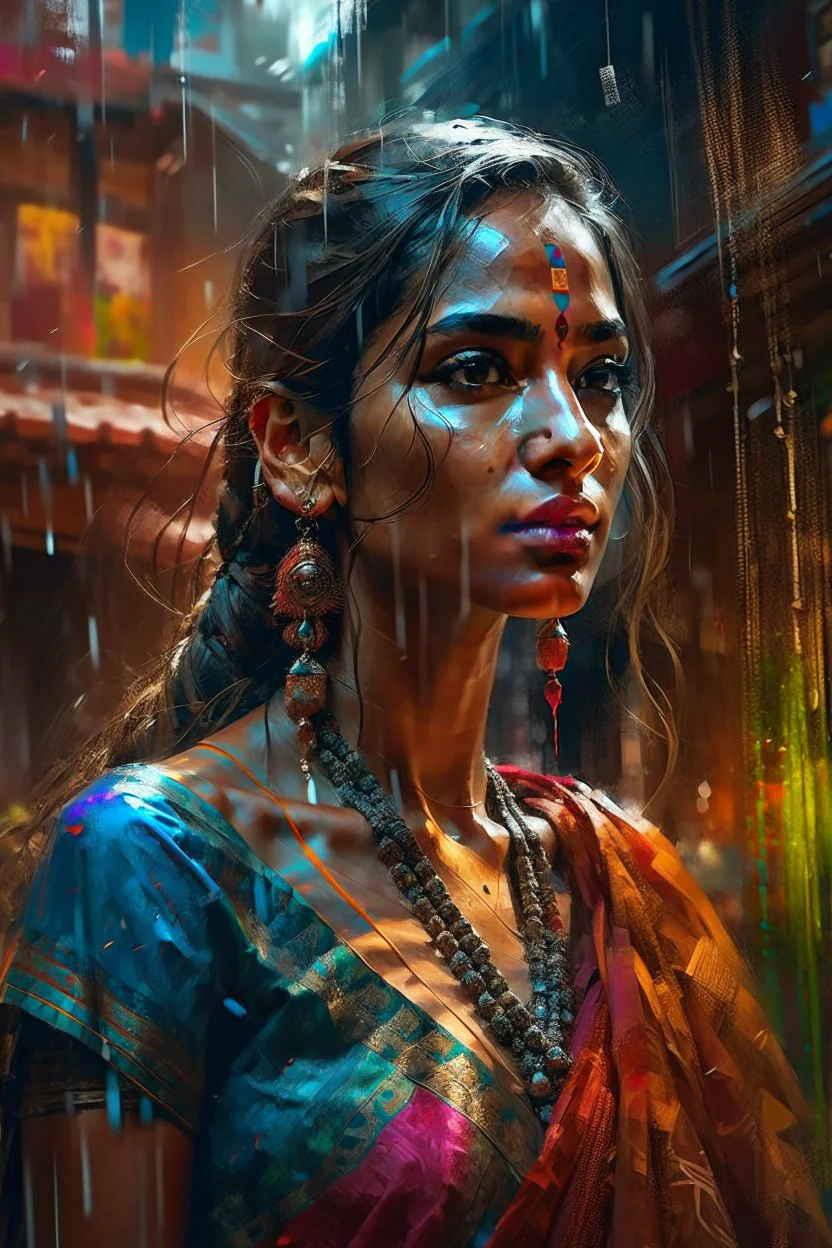 An indian beautiful supermodel in saree, rain, dawn, by Greg Rutkowski and Russ Mills, head and shoulders portrait, 8k resolution concept art portrait by Greg Rutkowski, Artgerm, WLOP, Alphonse Mucha dynamic lighting hyperdetailed intricately detailed Splash art trending on Artstation triadic colors Unreal Engine 5 volumetric lighting