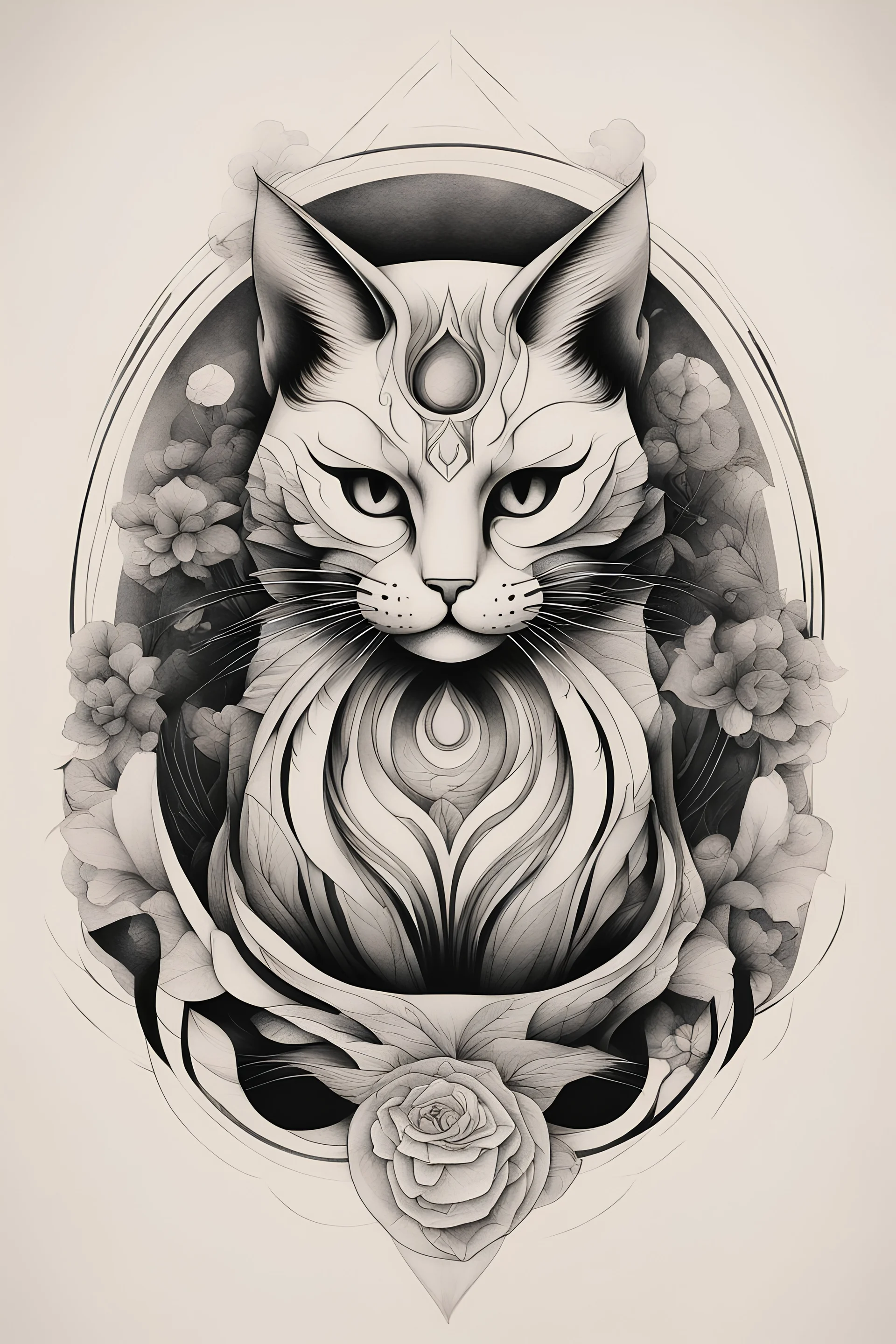Create a captivating modern 2d ink tattoo design for print , prestigious Sacred Cat using the elegant influences of japan art style, for print, dynamic elements from fashion and design, and bold Japanese contemporary art aesthetics, framing centered in the center, distanced from the edges of the paper perimeter, perfect anatomy, bauhaus, Divine Proportion,