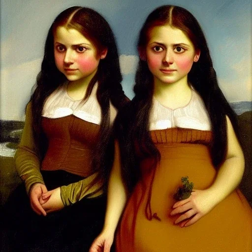 Retrato de unas niñas muy guapas llamadas Eira y Dalia con el estilo de Gustave Courbet