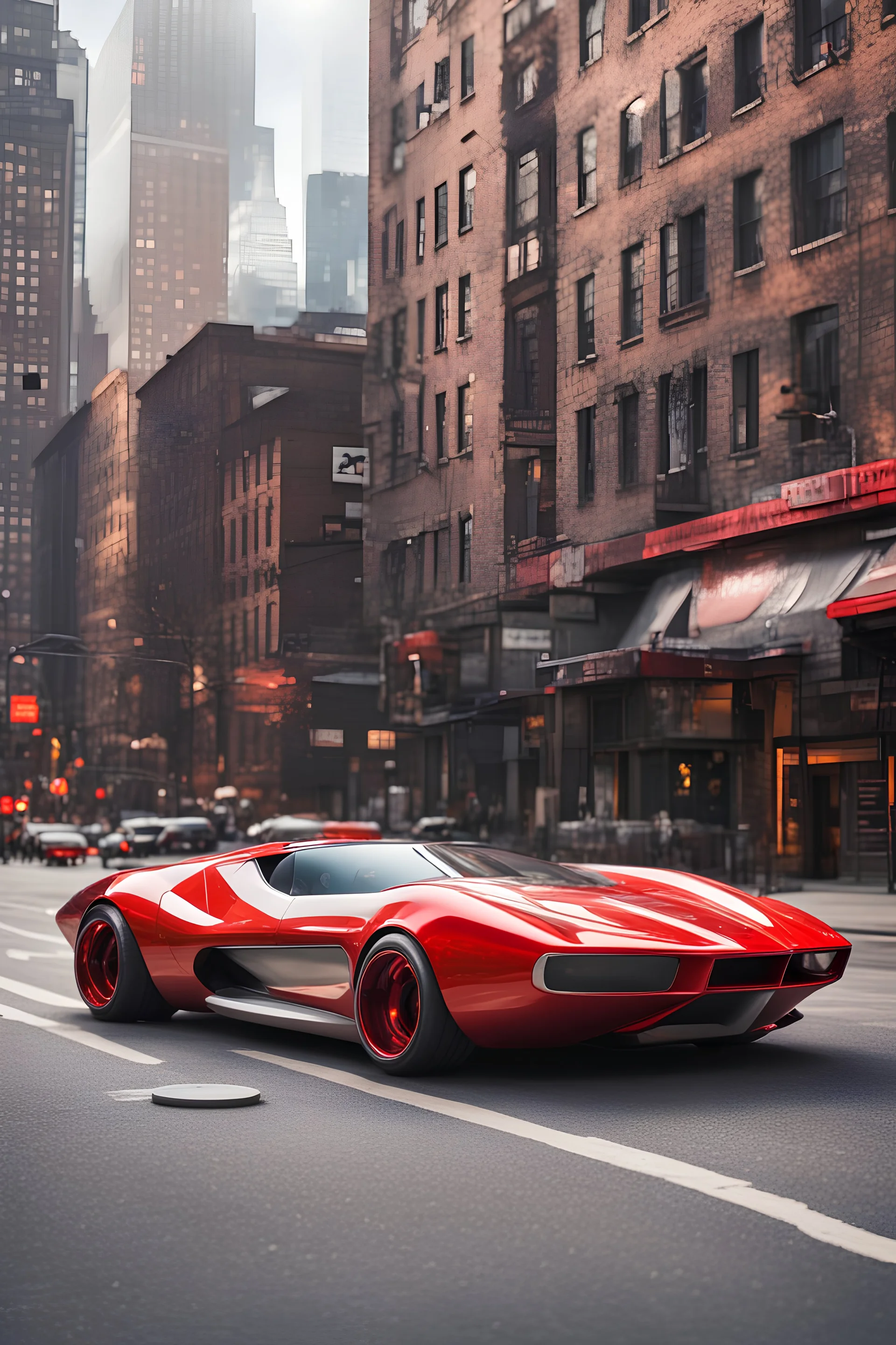 creates a concept supercar in '70s style with a retro-futuristic bodywork in red and silver on a street of New York, with a bright sky