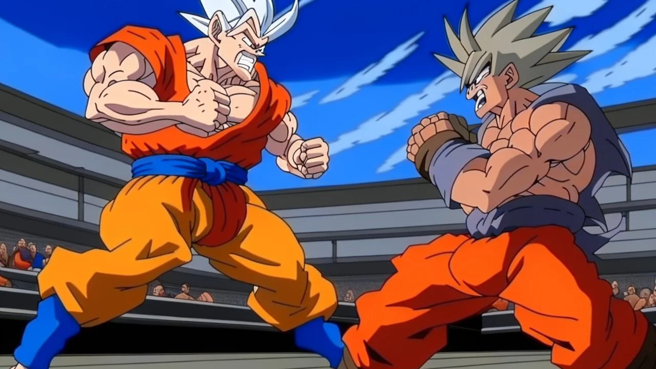 High quality medium shot of Senator Armstrong getting repeatedly punched by Goku, epic, buff, standing, rooftop, dust