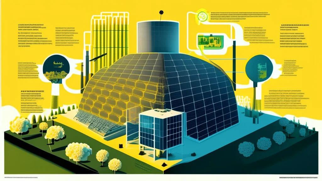 "The image illustrates the concept of nuclear energy and its environmental impact. It portrays a modern nuclear reactor alongside arrangements of solar panels, symbolizing the use of multiple sources for safe and sustainable energy generation. The image strikes a balance between technology and the environment, reflecting the complex content of the article and the influence of energy on the natural world."