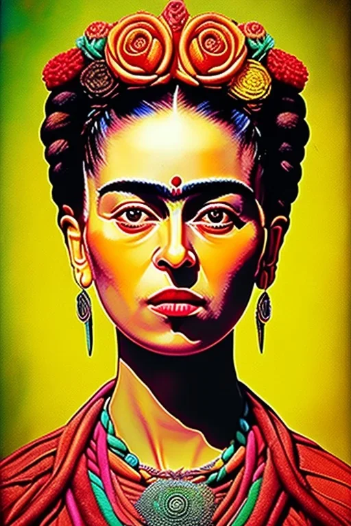 Frida Kahlo , an abstract painting of rusted metal and flowers, afro portrait, rust, scaffolding, iron cladding, decay, mixed media, textured, anatomically correct, beautiful perfect face, sharp focus, highly detailed