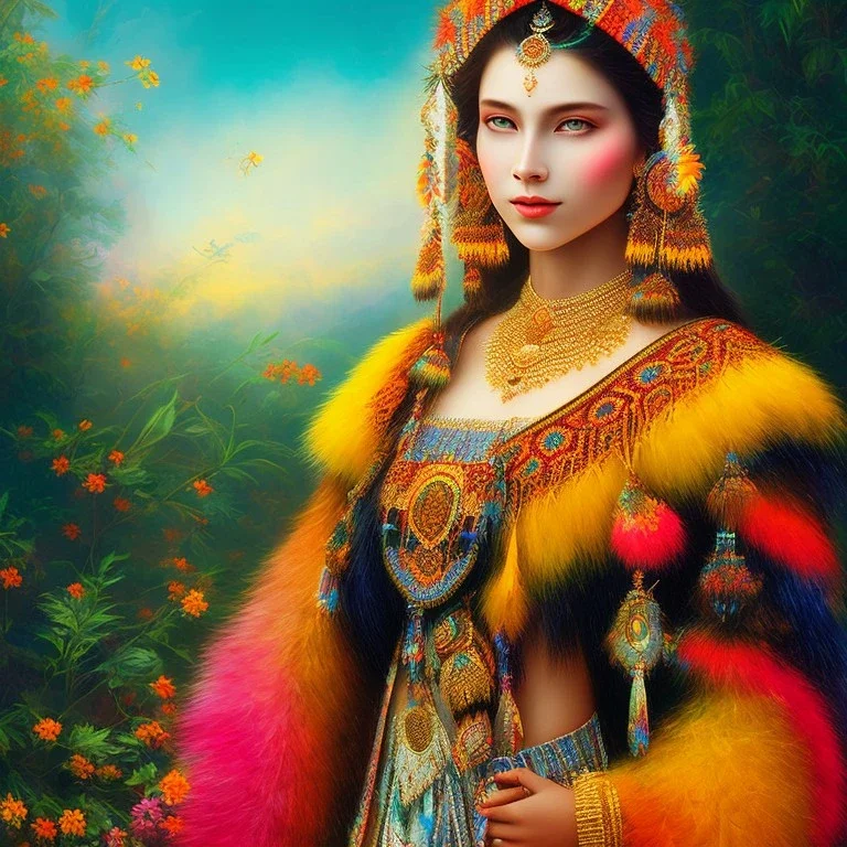 bright indigenous, beautiful portrait, flowery landscape