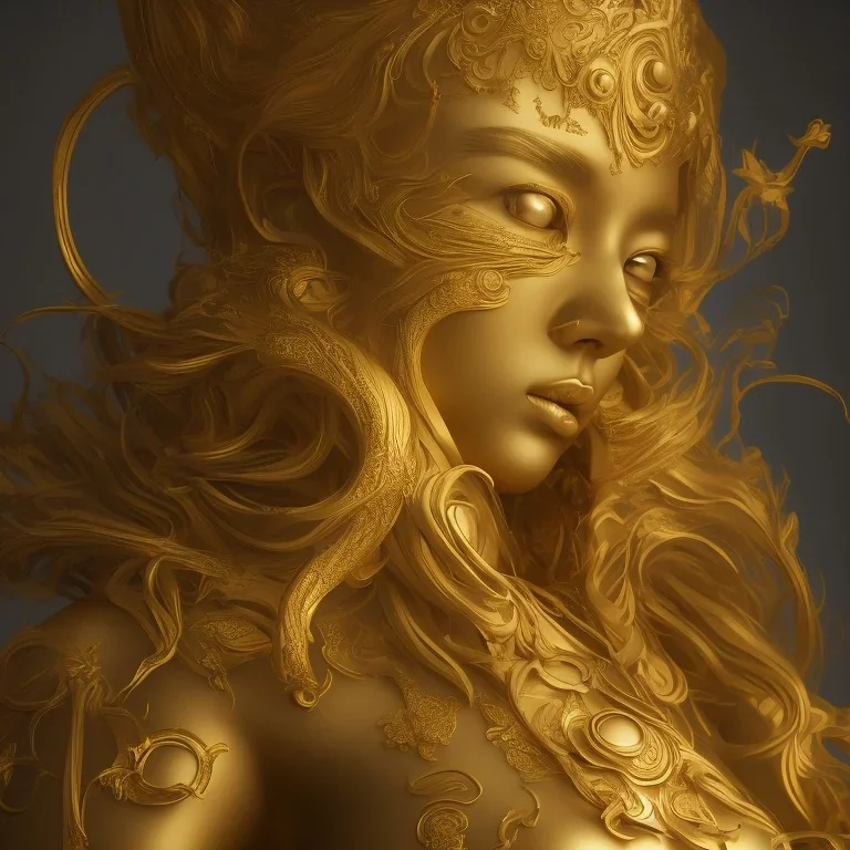 perfect face hitomi tanaka, golden statue, 8k, fog and smoke effect, chakra energy around HDR photograph