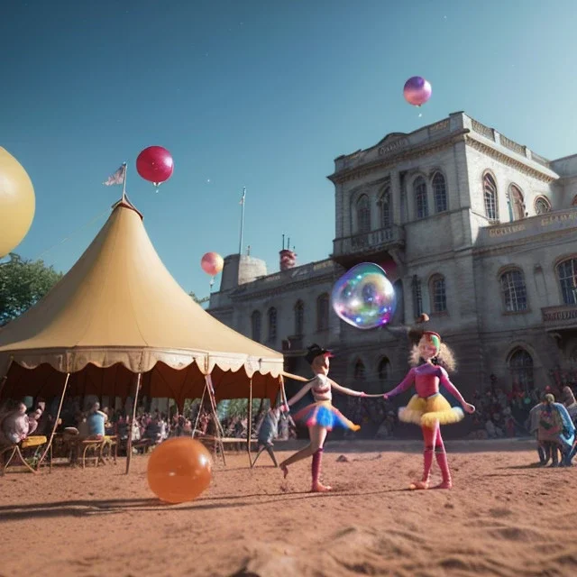 Ultra realistic circus scene. Child’s playing, smile, happy, color bubbles, smooth color, waist up view, Wes Anderson style, a lot of people background, highly detailed, concept art, unreal engine 5, god rays, ray tracing, RTX, lumen lighting, ultra detail, volumetric lighting, 3d, finely drawn, high definition, high resolution.