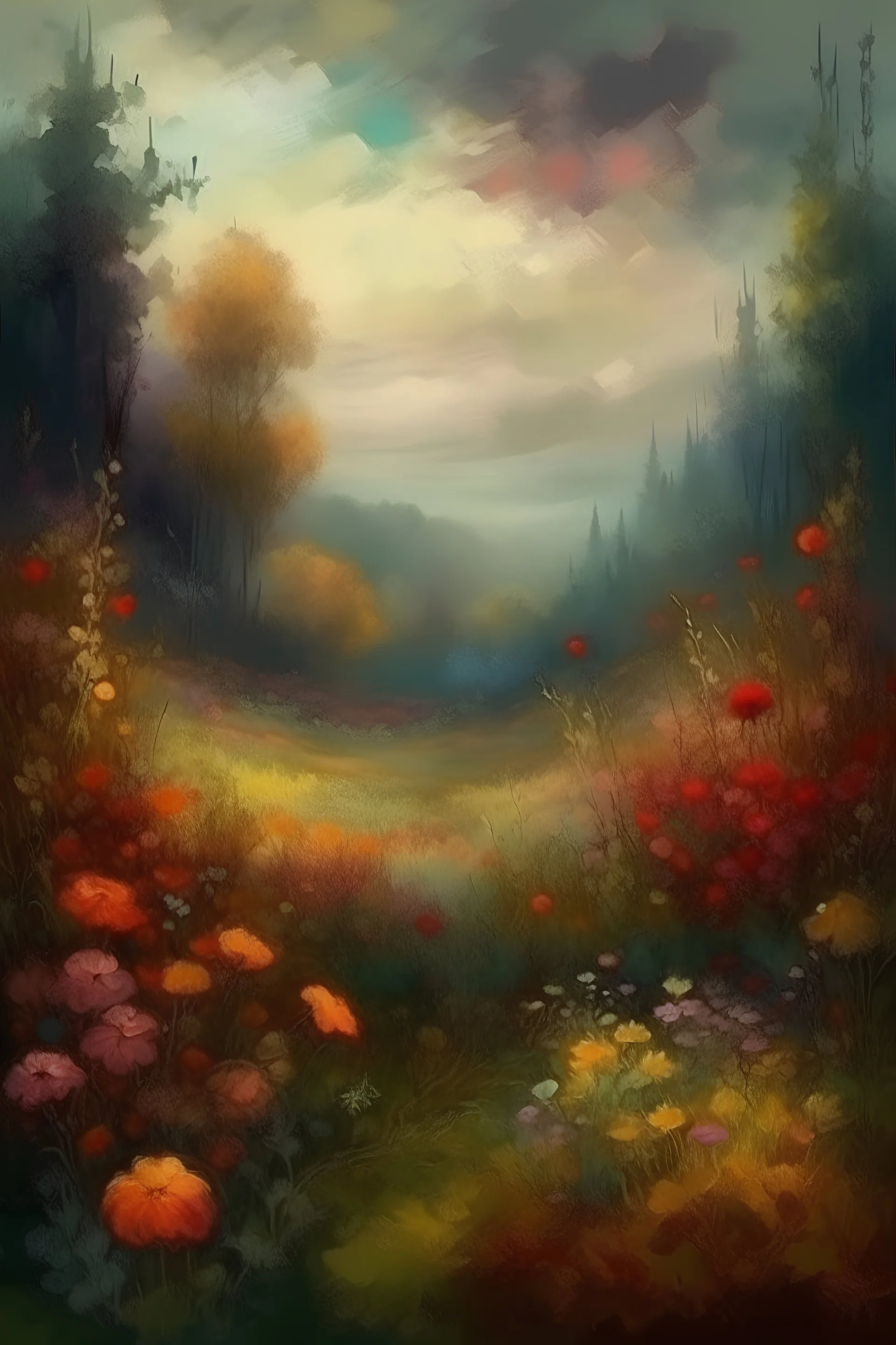 MAGIC fantasy, medieval painting, gloomy landscape surrounded by forests, dense thickets of flowers with brushes, impressionism style