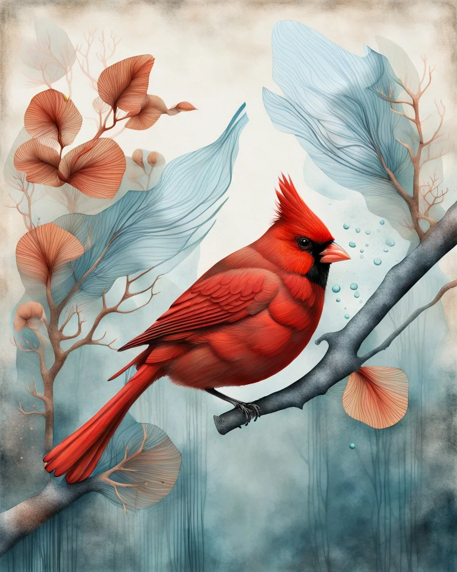 surreal mixed-media illustration of a Cardinal perched on a textured branch, depicted with a semi-transparent body that reveals an internal aquatic scene.Inside the bird’s torso, Angelfish swim gently in clear water, rendered with scientific-illustration precision and soft painterly textures.The bird’s feathers combine natural realism with subtle graphic stylization, including layered patterns and delicate linework.Surrounding the branch are daffodils, illustrated in a vintage botanical style wi