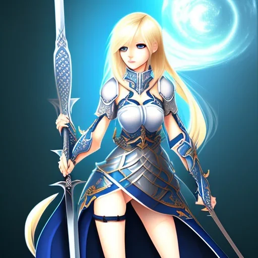 blond anime girl with dark blue eyes, holding sword up, full body view