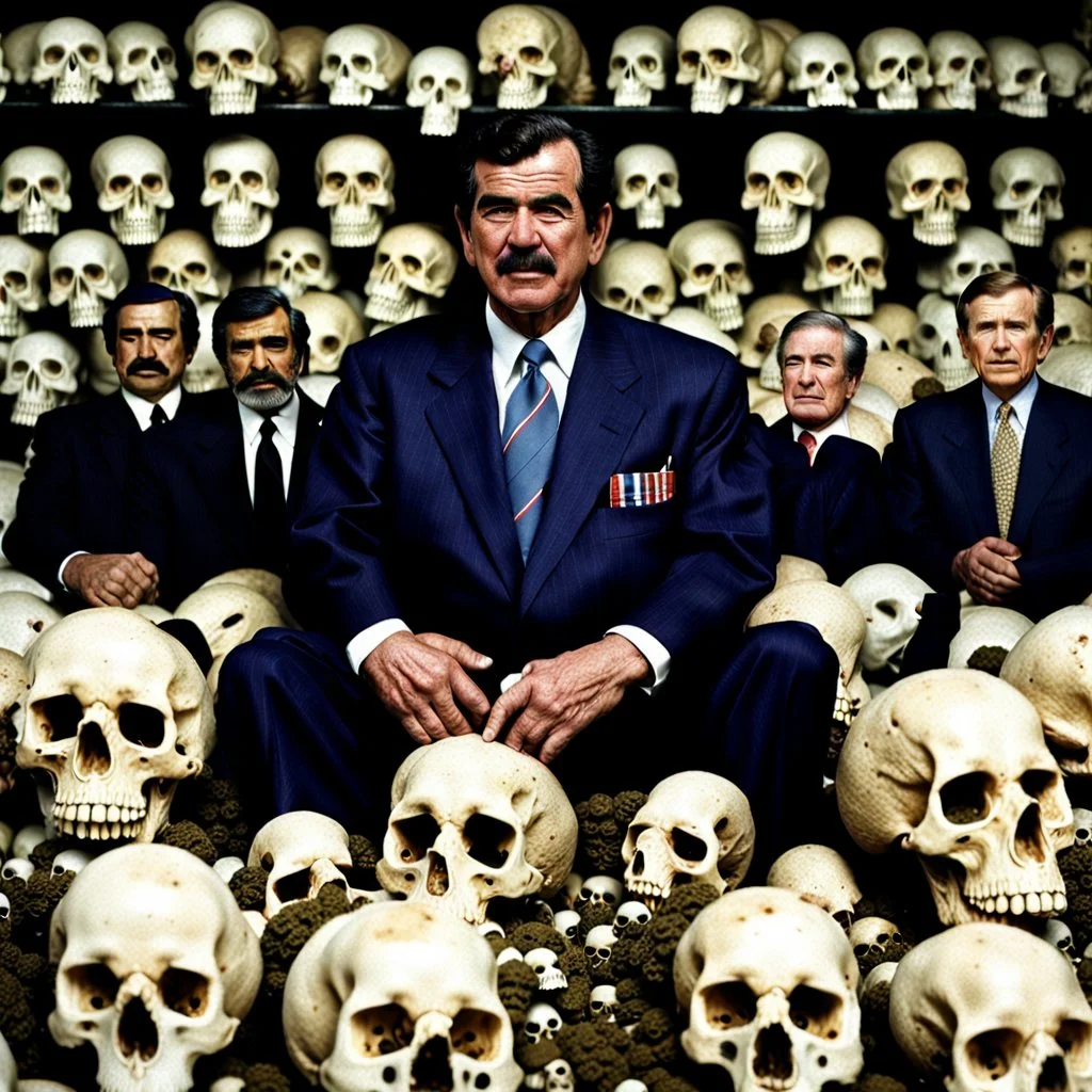 Saddam and George Bush surrounded by skulls