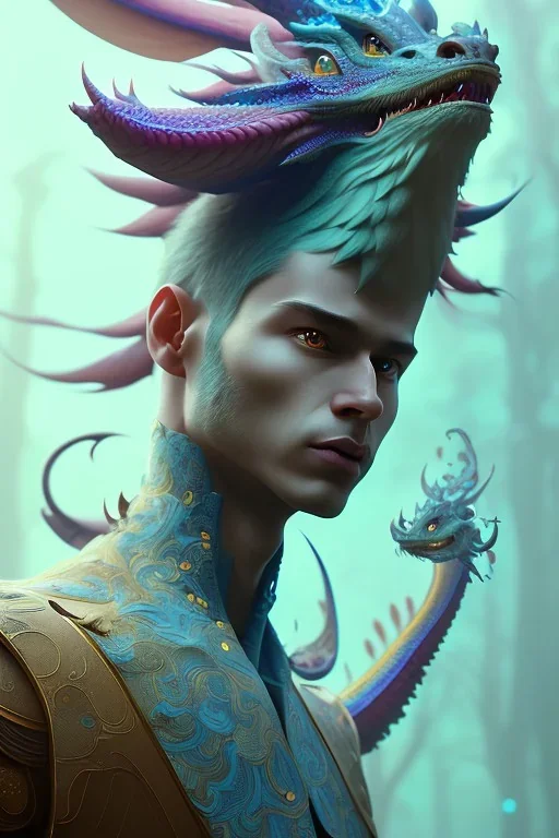 award winning portrait of a male anthropomorphic rainbow dragon long vblack hair. character design by cory loftis, fenghua zhong, ryohei hase, ismail inceoglu and ruan jia. unreal engine 5, artistic lighting, highly detailed, photorealistic, fantasy