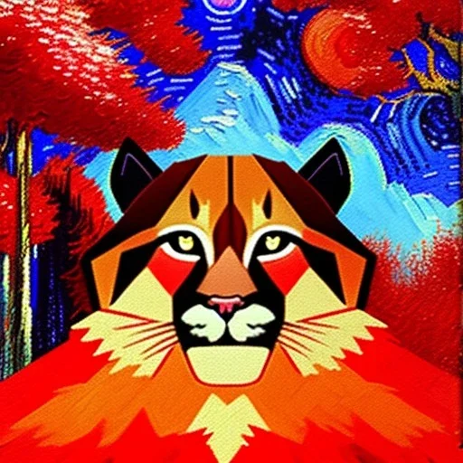 Dibujo al oleo de un puma en el bosque rojo con nubes estilo Vincent van Gogh