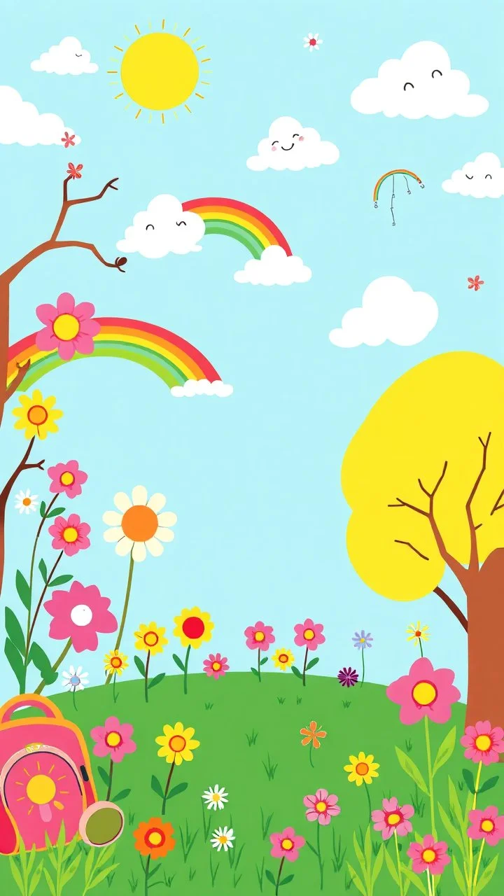 A design for a kindergarten with children's drawings, toys, school bags, beautiful flowers, clouds, rainbows, and moonlight with a happy, child-friendly color theme.