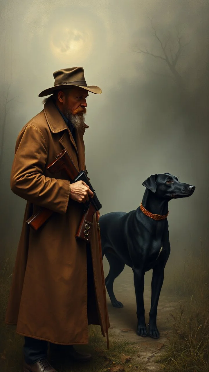 Hieronymus Bosch and Van Gogh styles , a man with a gun a black ,dog is standing by looking at you In foggy smoky background