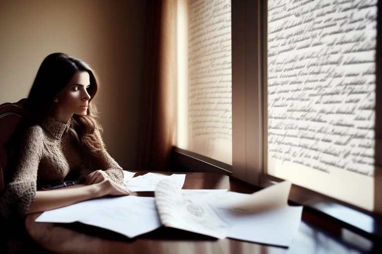 A pretty brown-haired woman sits in front of a table covered with handwritten letters, looking at them perplexedly, in an elegant room in the sunlight.