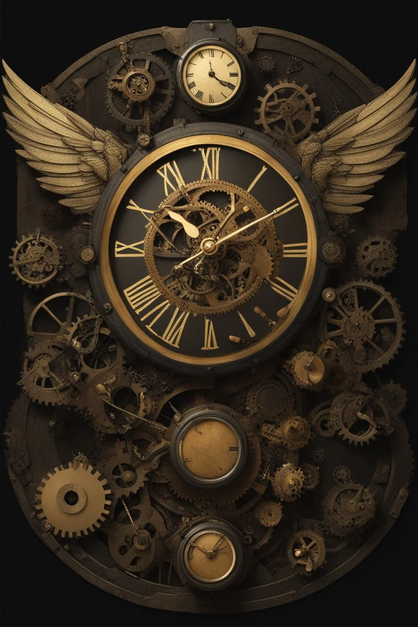 steampunk clock surrounded by cogs and springs, metal insects with wings, black background