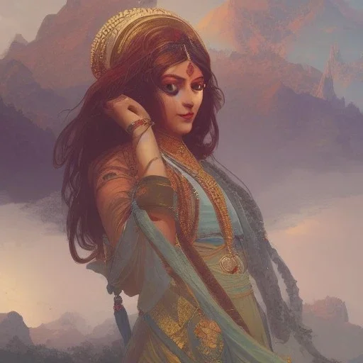  Indian mystical landscape beautiful, cinematic, 8k, resolution concept art portrait by Greg Rutkowski, Artgerm, WLOP, Alphonse Mucha dynamic lighting hyperdetailed intricately detailed