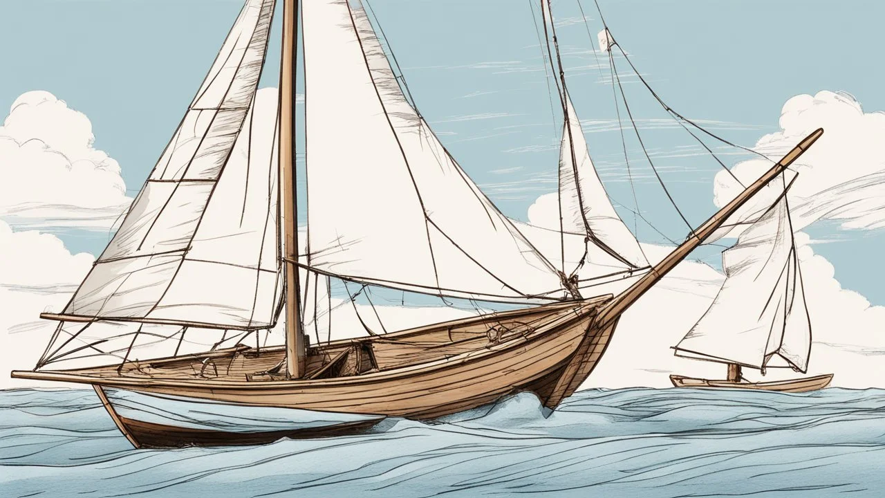 in the childish style of a 5 year old with scratchy penwork, a basic sloop, floating on water with the sail full of wind. Off to the side, the same boat mast is depicted, this time with the sail raised and tied up