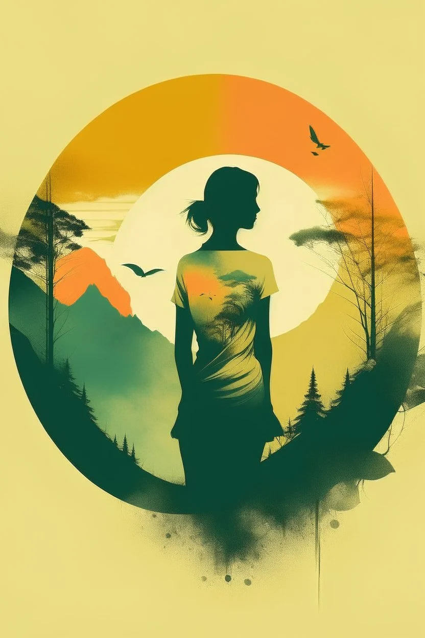 A minimalist, t-shirt design with a vintage twist, featuring a sleek and stylized unclad woman body silhouette against a faded, women body is painting about nature, awosome, bright.